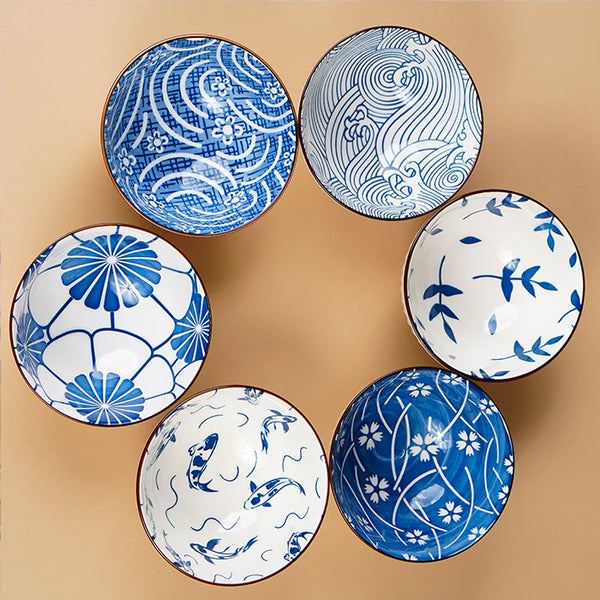 Japanese Blue Ceramic Bowl Set – 6 Pcs