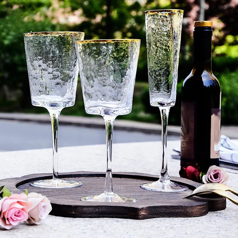 Gold Rimmed Crushed Wine Glass Set of 2 | Chic Stemware for Elegant Wine Presentation | Premium Glassware & Gift Idea