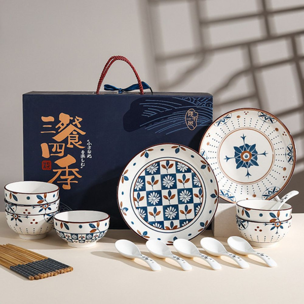 Japanese Blue 20-Piece Dinner Set – Bowls, Spoons, Chopsticks & Plates