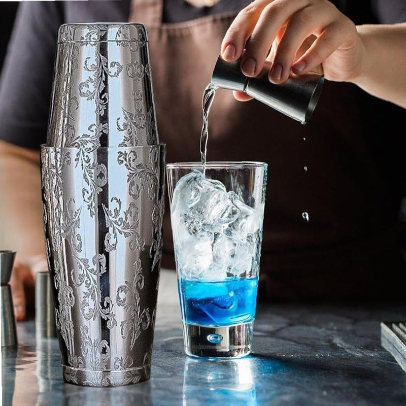 Mirror Leaf Etched Boston Shaker | Cocktail Shaker | Professional Shaker | 750 ML