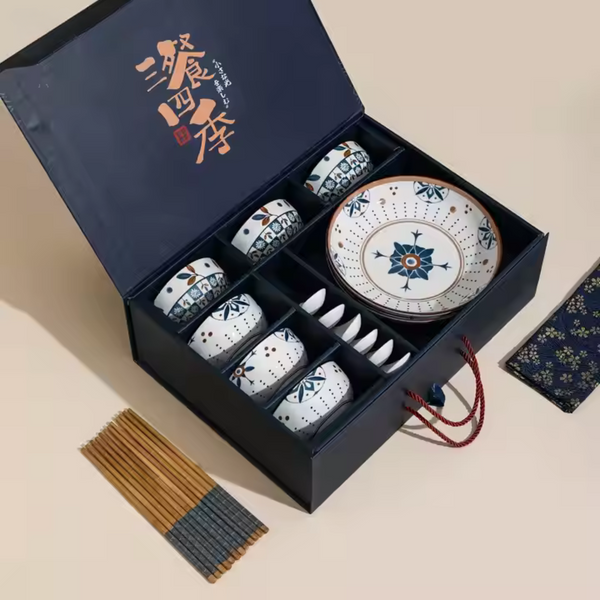Japanese Blue 20-Piece Dinner Set – Bowls, Spoons, Chopsticks & Plates