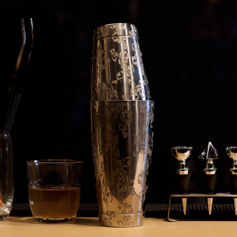 Mirror Leaf Etched Boston Shaker | Cocktail Shaker | Professional Shaker | 750 ML