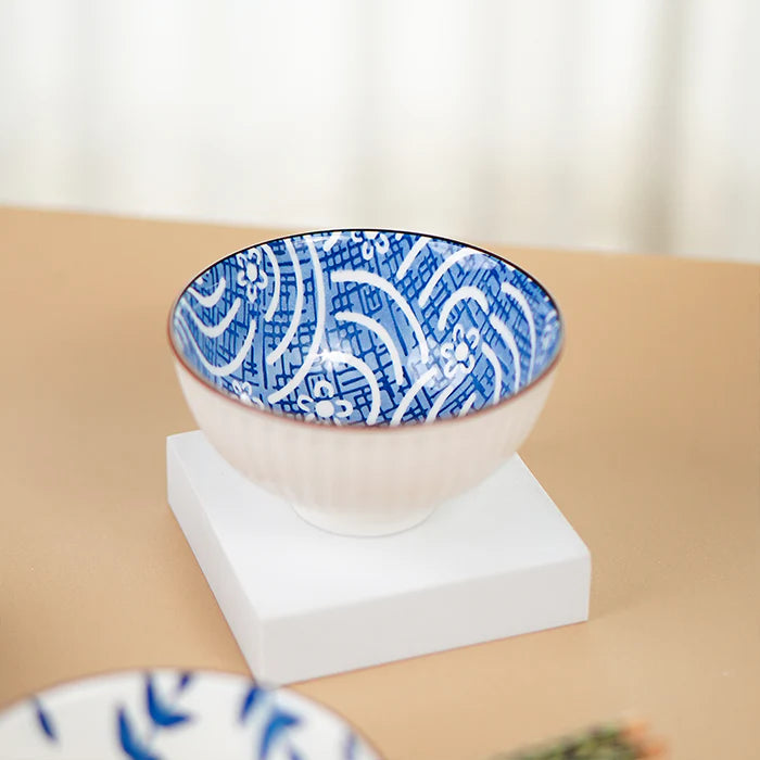 Japanese Blue Ceramic Bowl Set – 6 Pcs