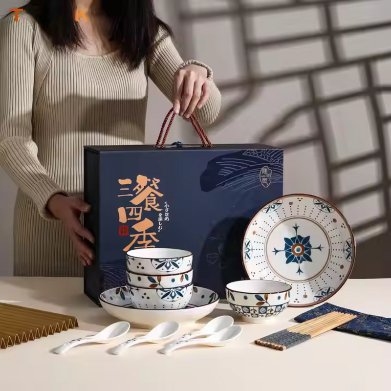 Japanese Blue 20-Piece Dinner Set – Bowls, Spoons, Chopsticks & Plates