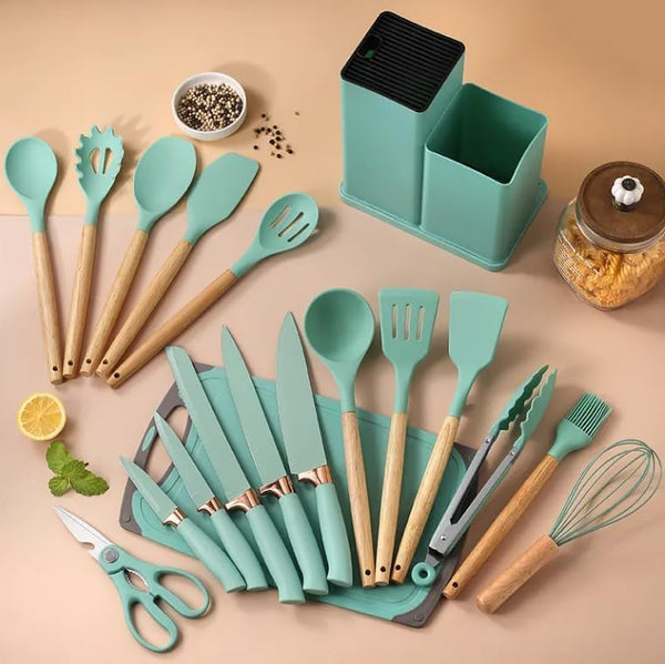Kitchen Utensil Set - 19 Pcs Wooden Handle (Green)