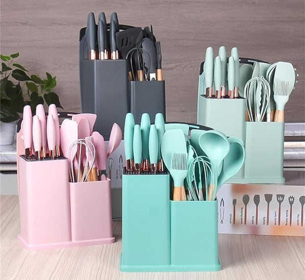 Kitchen Utensil Set - 19 Pcs Wooden Handle (Grey)