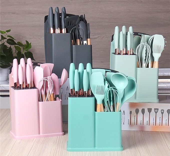 Kitchen Utensil Set - 19 Pcs Wooden Handle (Grey)