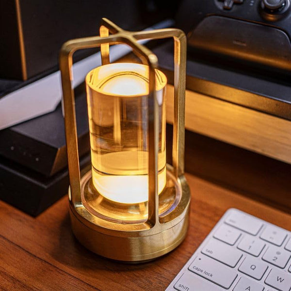 Zudio Short Crystal Lantern 3-Color Touch Control LED Table Lamp _ Rechargeable, Metal Base (Gold)