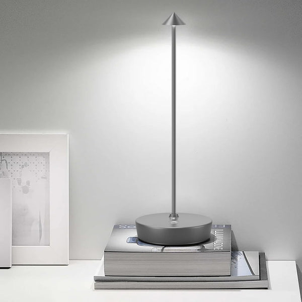 Modern Aero Silver LED Cordless Table Lamp _ Portable, Rechargeable & 3-Color Touch Control