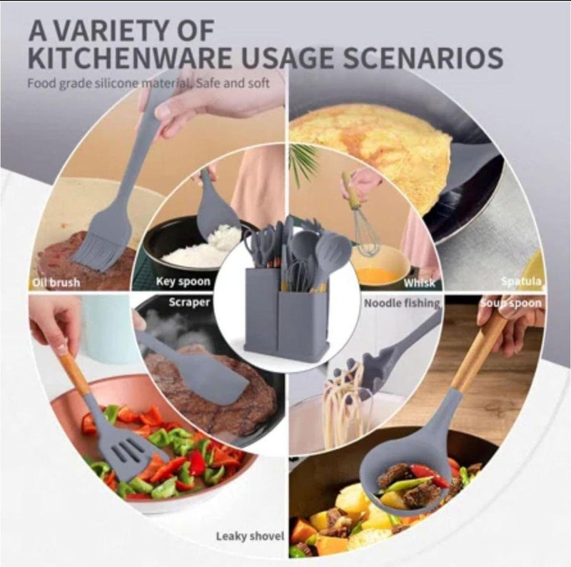 Kitchen Utensil Set - 19 Pcs Wooden Handle (Grey)