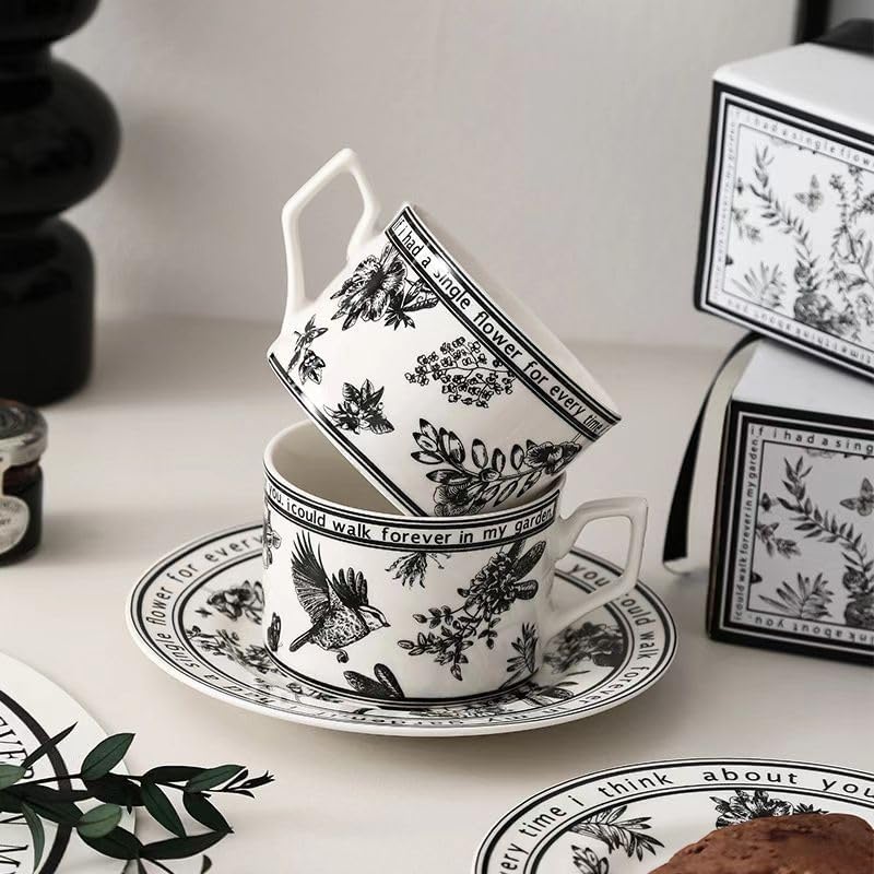 Black & White Tea Cup Set of 2 with Saucer