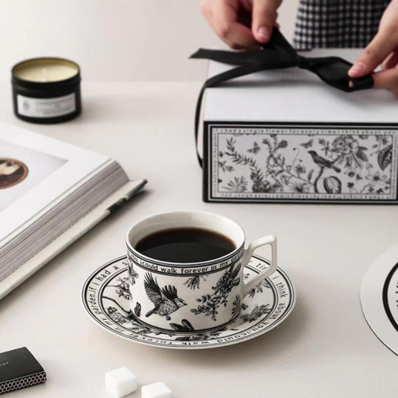 Black & White Tea Cup Set of 2 with Saucer