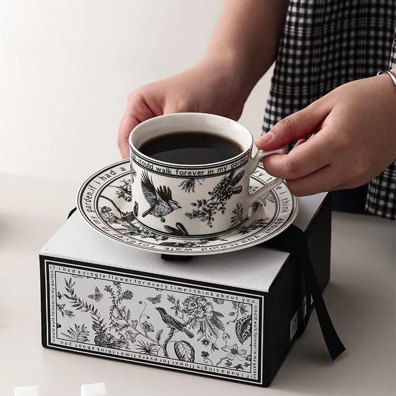 Black & White Tea Cup Set of 2 with Saucer