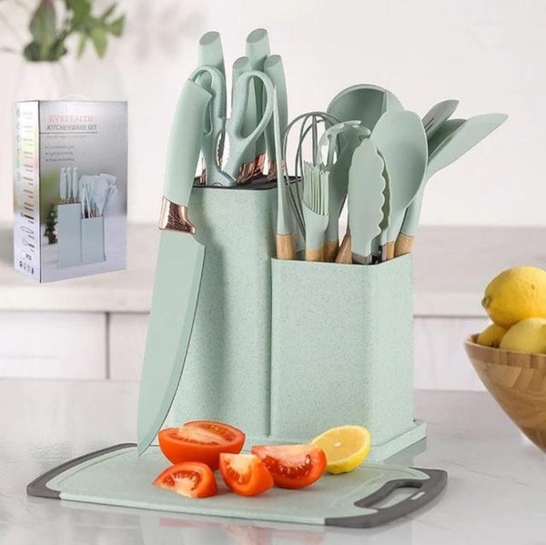 Kitchen Utensil Set - 19 Pcs Wooden Handle (Green)