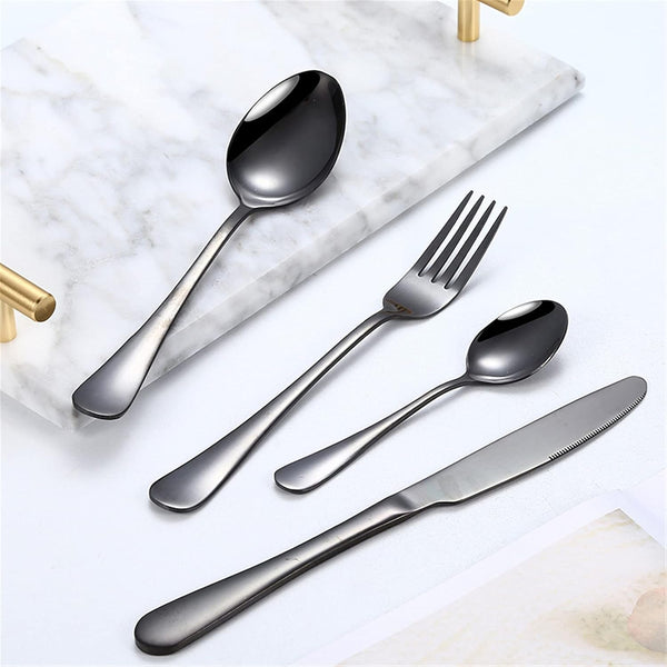 Black 24-Pieces Stainless Steel Flatware Set with Gift Box, Mirror Polished, High Grade Steel Tableware