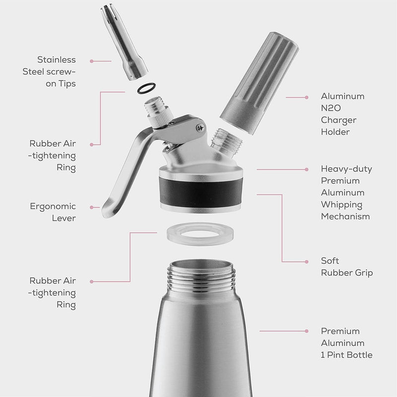 Aluminum Cream Whipper - 1000ML Cream Dispenser Canister with 3 Decorative Nozzles