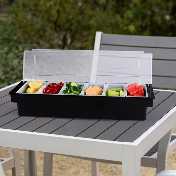 6 Compartments Garnish Tray with Lid, Food and Condiment Organizer for Fruit Veggie Salad, Ice Cooled Bar Top