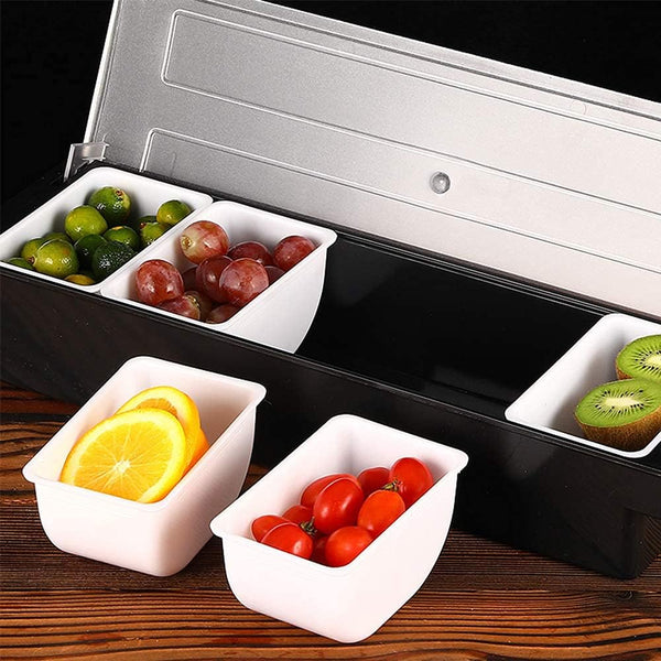 6 Compartments Garnish Tray with Lid, Food and Condiment Organizer for Fruit Veggie Salad, Ice Cooled Bar Top