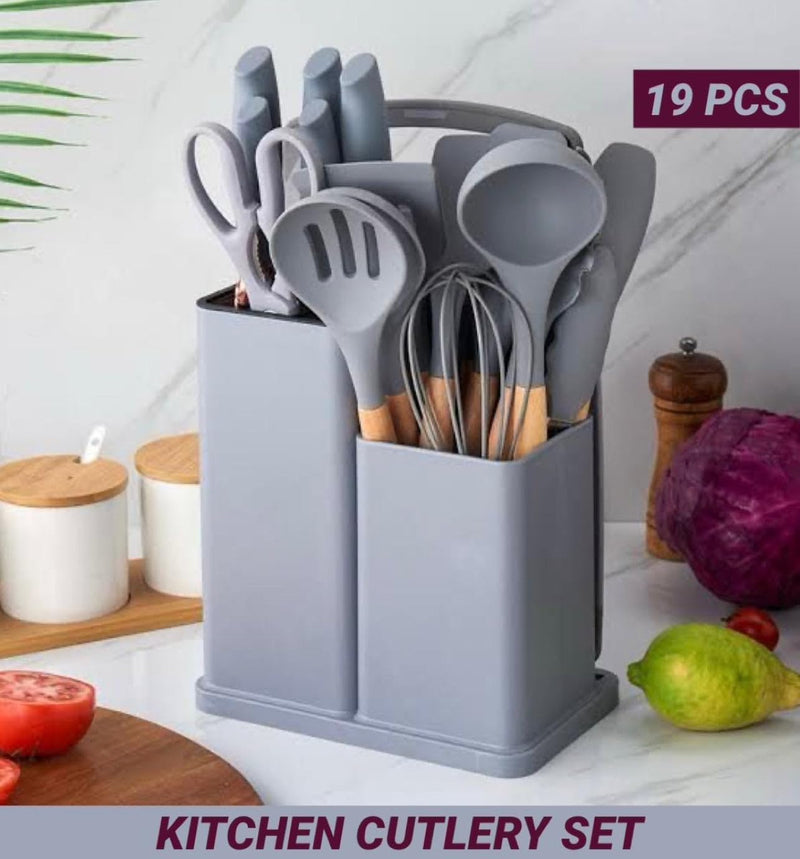 Kitchen Utensil Set - 19 Pcs Wooden Handle (Grey)