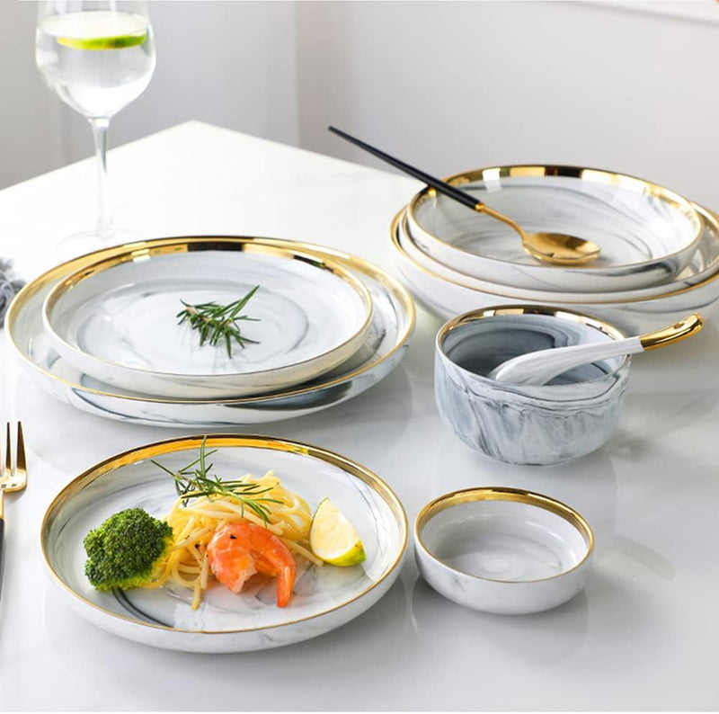 Marble White Gold Rim 26-Piece Dinnerware Set with Gift Box