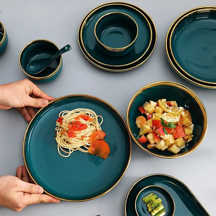 Deep Green Gold Rim 9-Piece Dinnerware Set with Gift Box