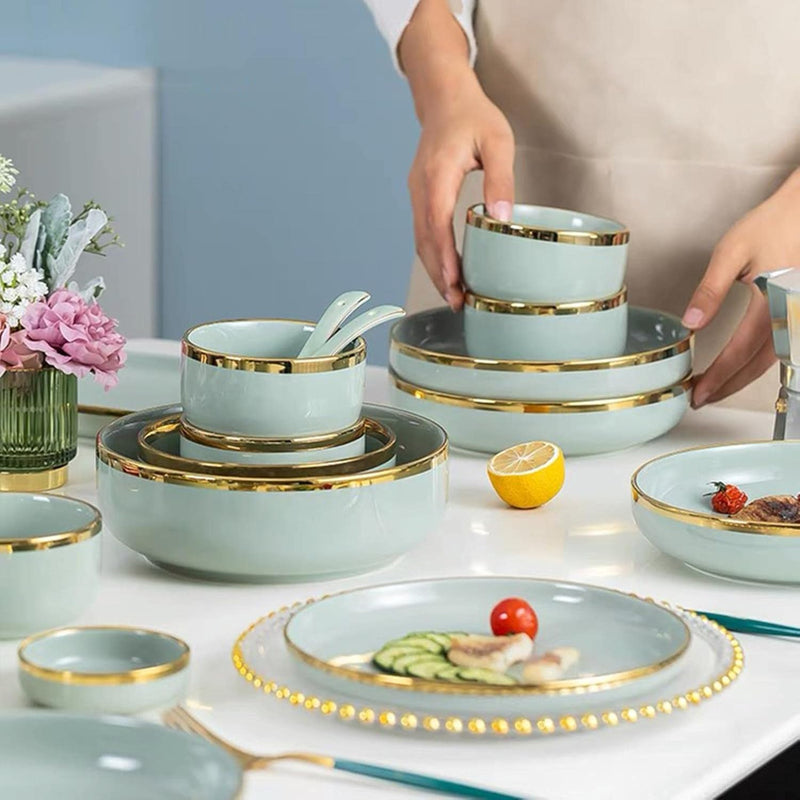 Pistachio Green Gold Rim 26-Piece Dinnerware Set with Gift Box