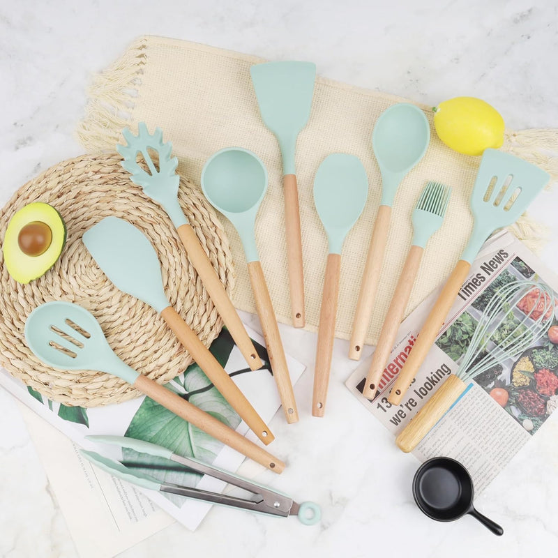 Kitchen Utensil Set - 19 Pcs Wooden Handle (Green)