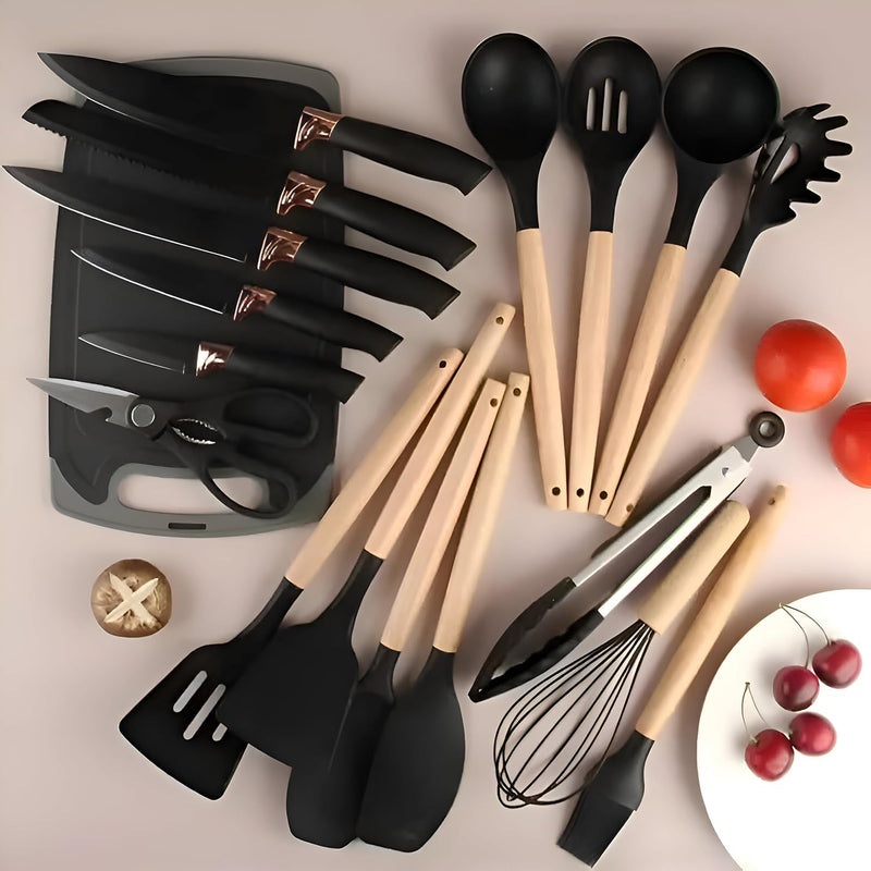 Kitchen Utensil Set - 19 Pcs Wooden Handle (Black)