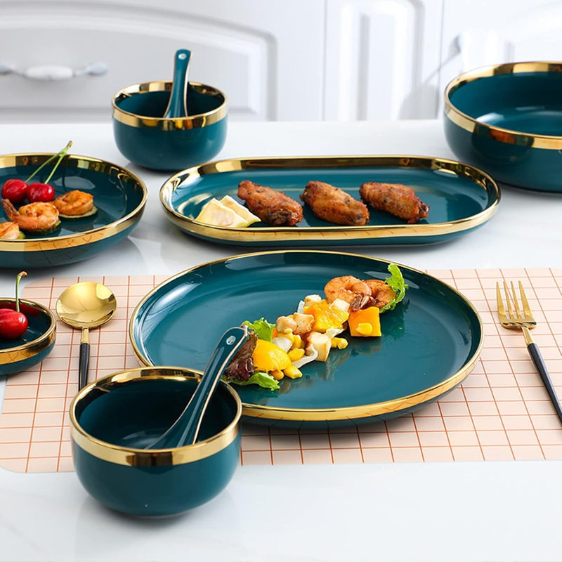 Deep Green Gold Rim 9-Piece Dinnerware Set with Gift Box