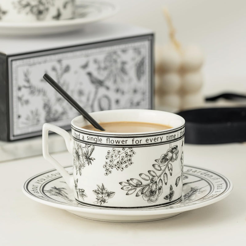 Black & White Tea Cup Set of 2 with Saucer