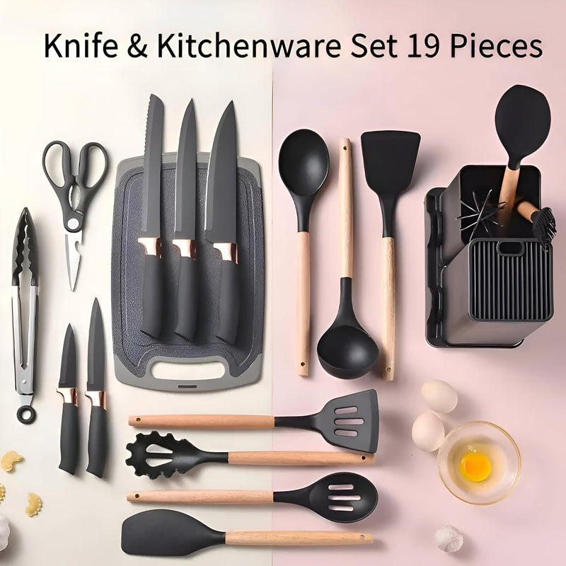 Kitchen Utensil Set - 19 Pcs Wooden Handle (Black)