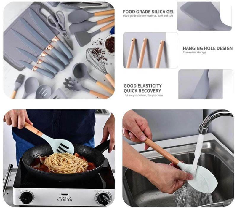 Kitchen Utensil Set - 19 Pcs Wooden Handle (Grey)