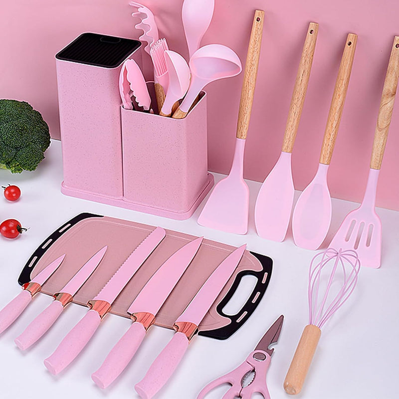 Kitchen Utensil Set - 19 Pcs Wooden Handle (Pink)
