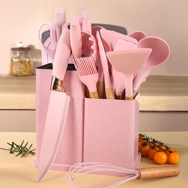 Kitchen Utensil Set - 19 Pcs Wooden Handle (Pink)