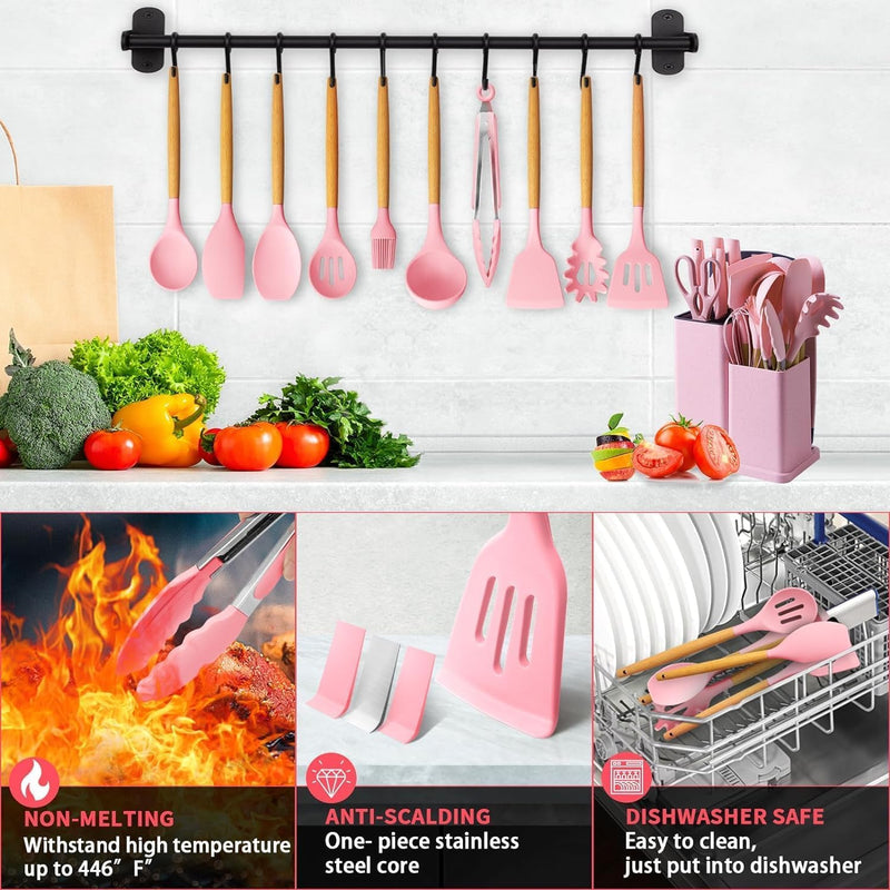 Kitchen Utensil Set - 19 Pcs Wooden Handle (Pink)