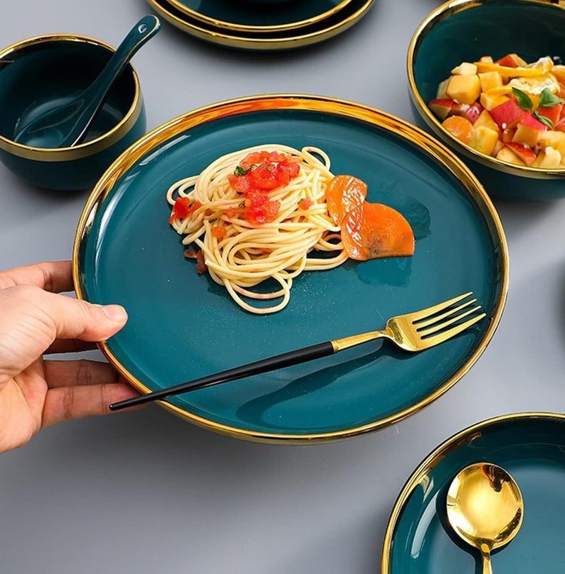 Deep Green Gold Rim 9-Piece Dinnerware Set with Gift Box
