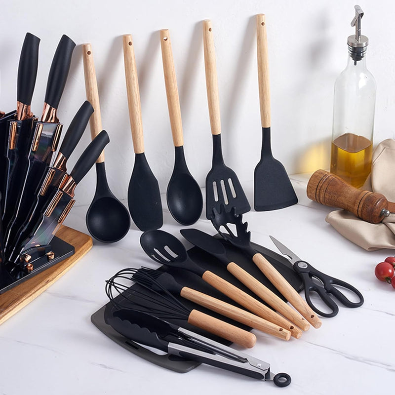 Kitchen Utensil Set - 19 Pcs Wooden Handle (Black)