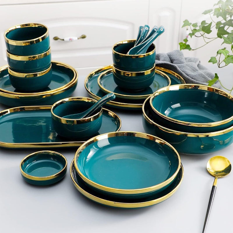 Deep Green Gold Rim 9-Piece Dinnerware Set with Gift Box