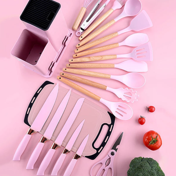 Kitchen Utensil Set - 19 Pcs Wooden Handle (Pink)