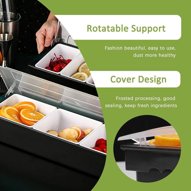 6 Compartments Garnish Tray with Lid, Food and Condiment Organizer for Fruit Veggie Salad, Ice Cooled Bar Top
