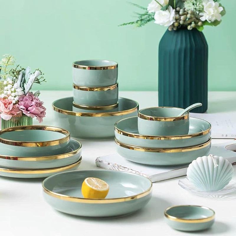Pistachio Green Gold Rim 26-Piece Dinnerware Set with Gift Box