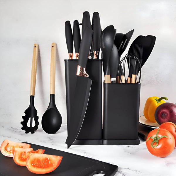 Kitchen Utensil Set - 19 Pcs Wooden Handle (Black)