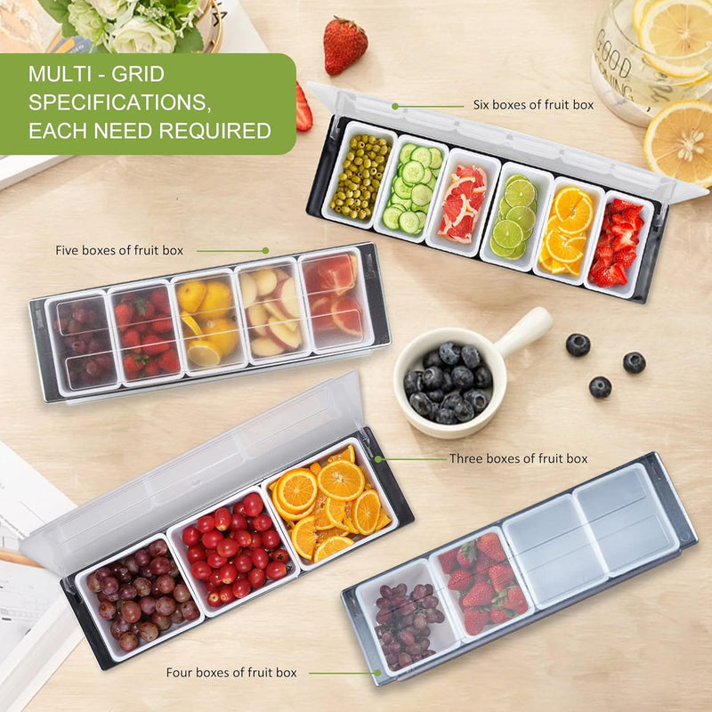6 Compartments Garnish Tray with Lid, Food and Condiment Organizer for Fruit Veggie Salad, Ice Cooled Bar Top