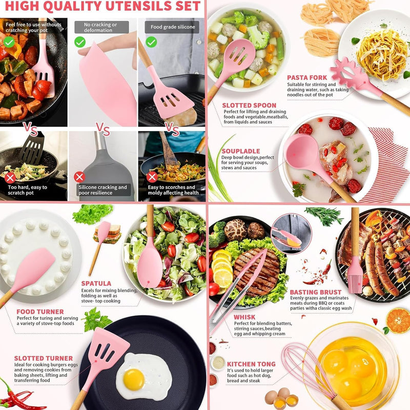 Kitchen Utensil Set - 19 Pcs Wooden Handle (Pink)