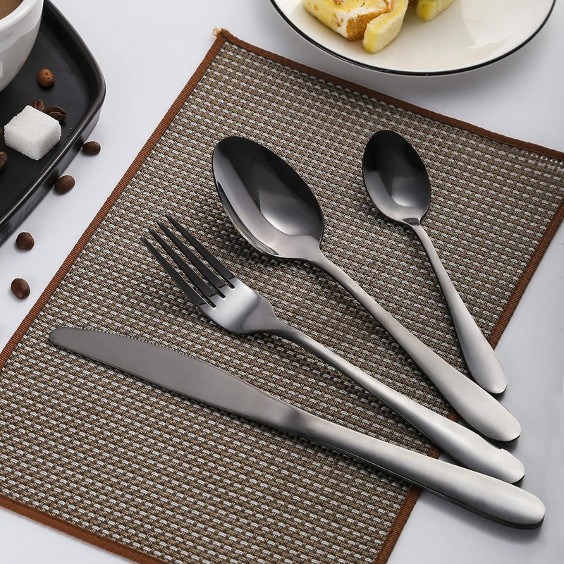 Black 24-Pieces Stainless Steel Flatware Set with Gift Box, Mirror Polished, High Grade Steel Tableware