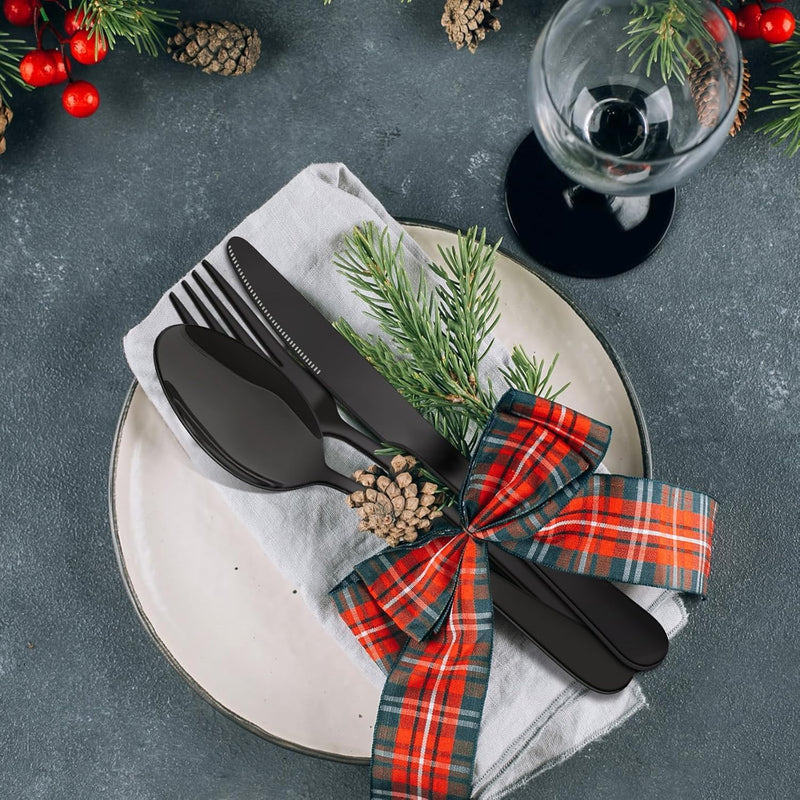 Black 24-Pieces Stainless Steel Flatware Set with Gift Box, Mirror Polished, High Grade Steel Tableware