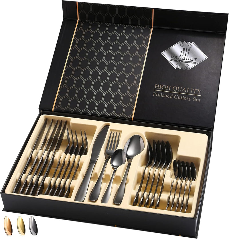 Black 24-Pieces Stainless Steel Flatware Set with Gift Box, Mirror Polished, High Grade Steel Tableware