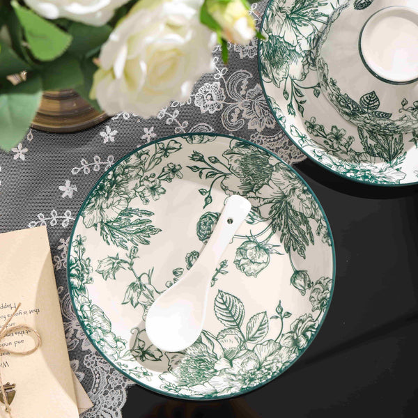 Green 14-Piece Bowl Set with Spoons & Plates