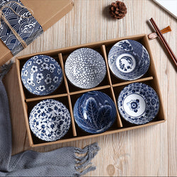 Japanese Blue Ceramic Bowl Set – 6 Pcs
