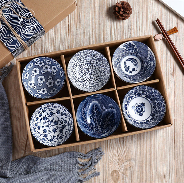 Japanese Blue Ceramic Bowl Set – 6 Pcs